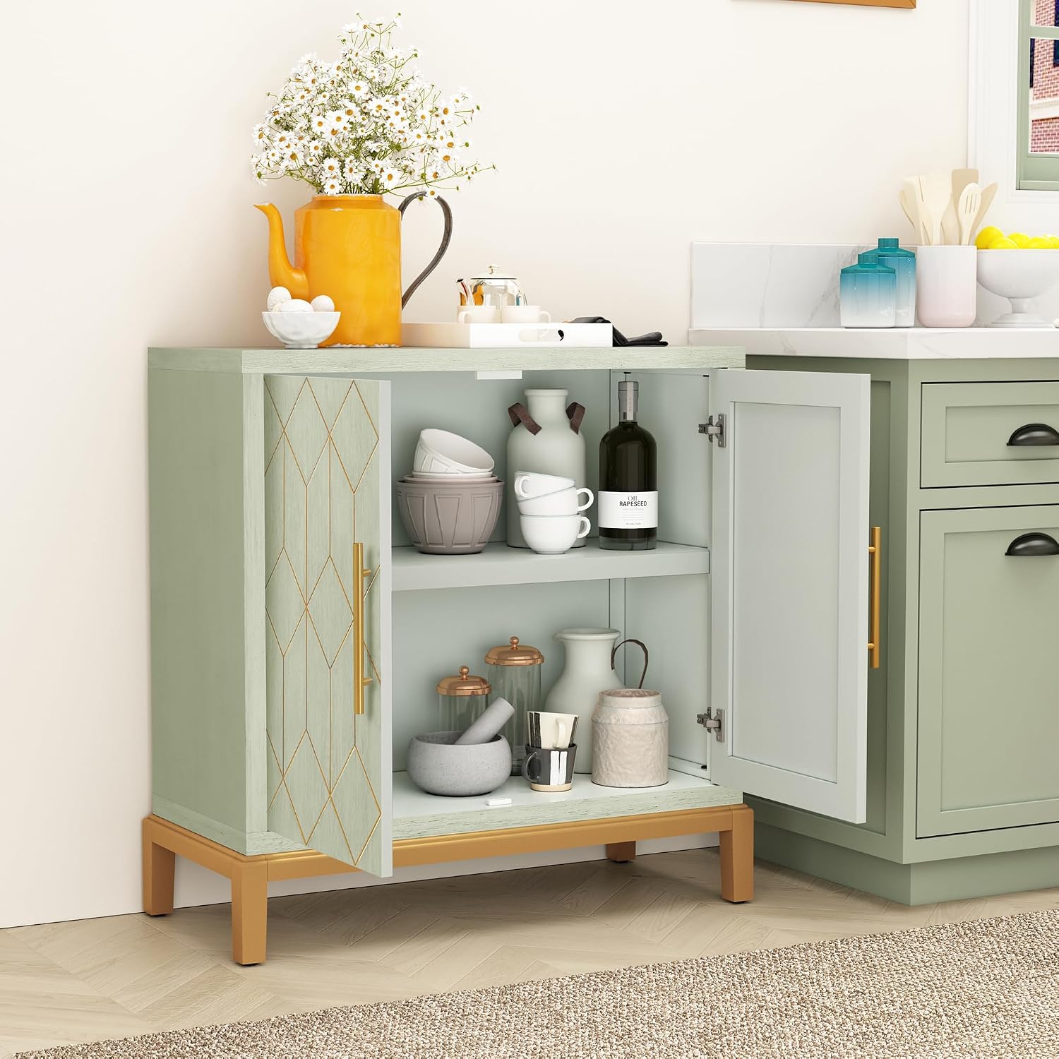 ARTPOWER Green Accent Cabinet with Doors, Modern Wooden Sideboard, Carved Decorative Storage Cabinets for Living Room, Kitchen, Office, and Hallway, Green with Gold Legs