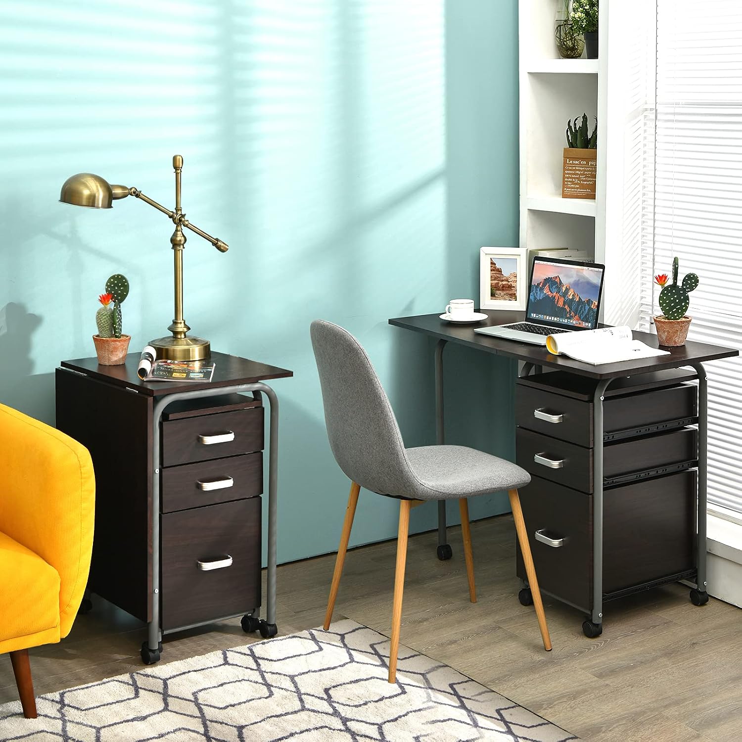 Tangkula Folding Computer Desk with 3 Storage Drawers, Mobile Home Office Desk Study Writing Desk with Smooth Wheels, Space Saving Compact Desk for Dorm Apartment, Rolling Folding Desk Table
