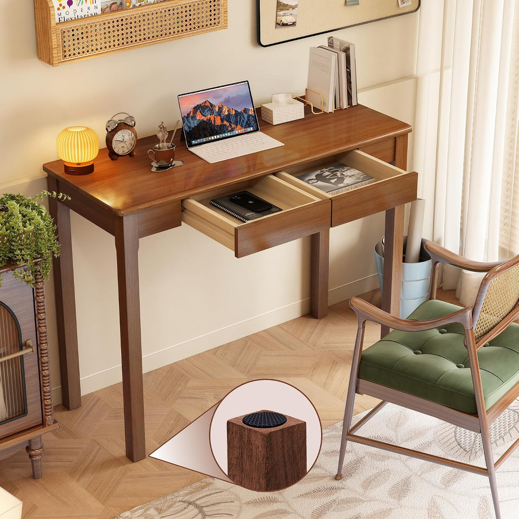 Solid Wood Desk with Drawers - 39' Narrow Desks for Small Spaces, Mid Century Modern Desks, Small Wooden Vintage Computer Writing Desk, Study Table for Home Office Bedroom, Walnut