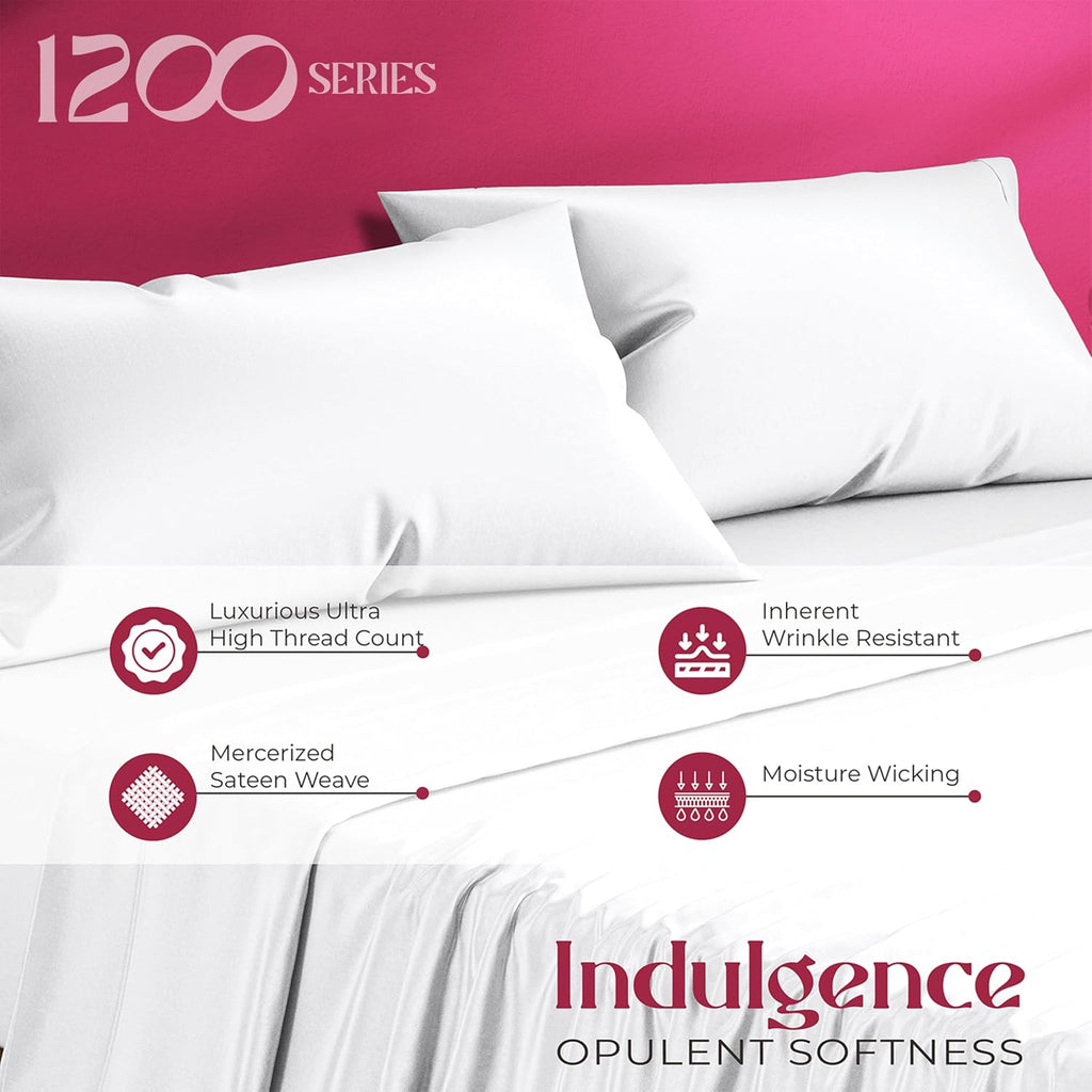 Mayfair Linen 100% Egyptian Cotton Damask Queen Sheet Set - Luxury 1200 Series Egyptian Cotton Sheets Queen Size (4 PC, White Stripe), Silky Soft, Cooling, 17' Deep Pocket Sateen Weave Hotel Bedding