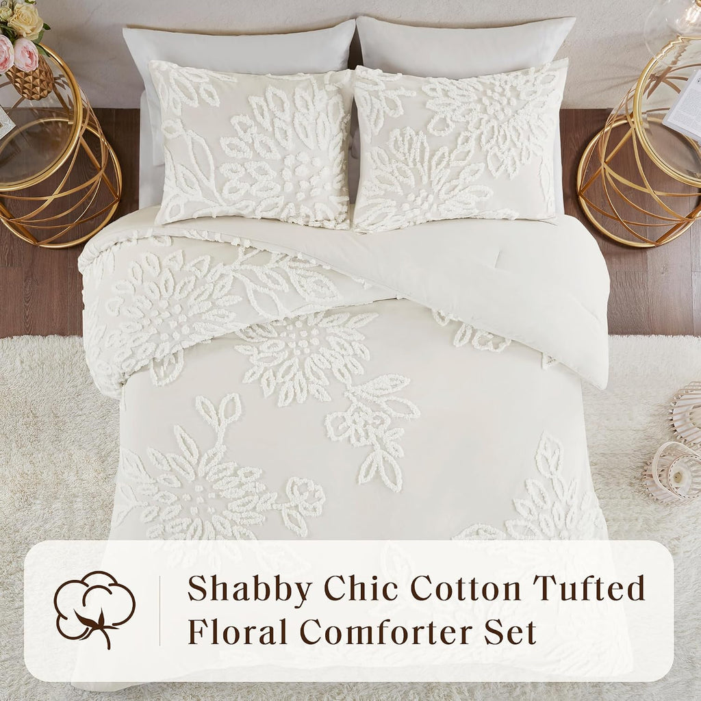 Madison Park King Comforter Set Floral Chenille Tufted Cotton Comforter for King Size Bed, Soft & Lightweight Down Alternative King Bedding Set, Shams, Veronica, King/Cal King Off White 3 Piece