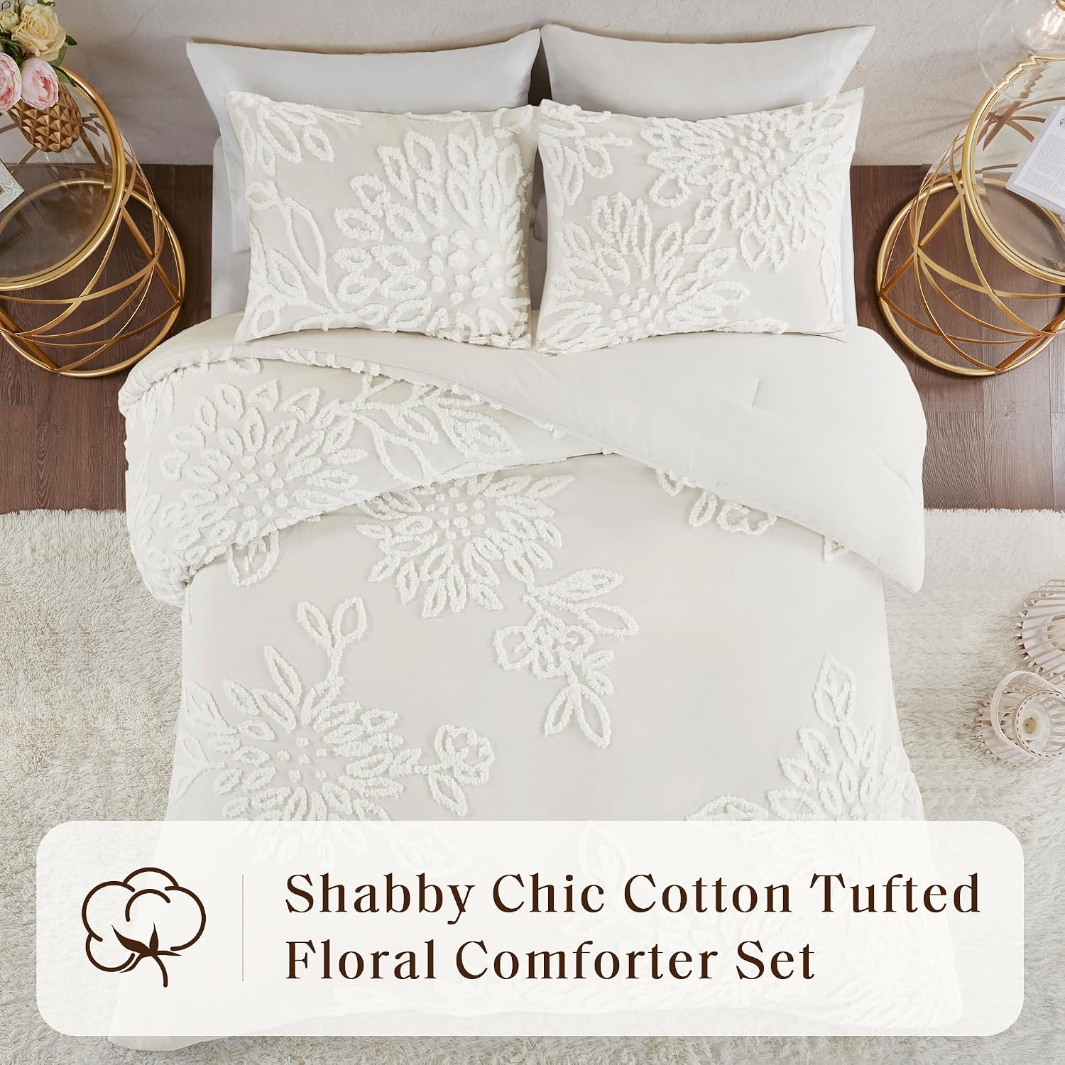 Madison Park King Comforter Set Floral Chenille Tufted Cotton Comforter for King Size Bed, Soft & Lightweight Down Alternative King Bedding Set, Shams, Veronica, King/Cal King Off White 3 Piece