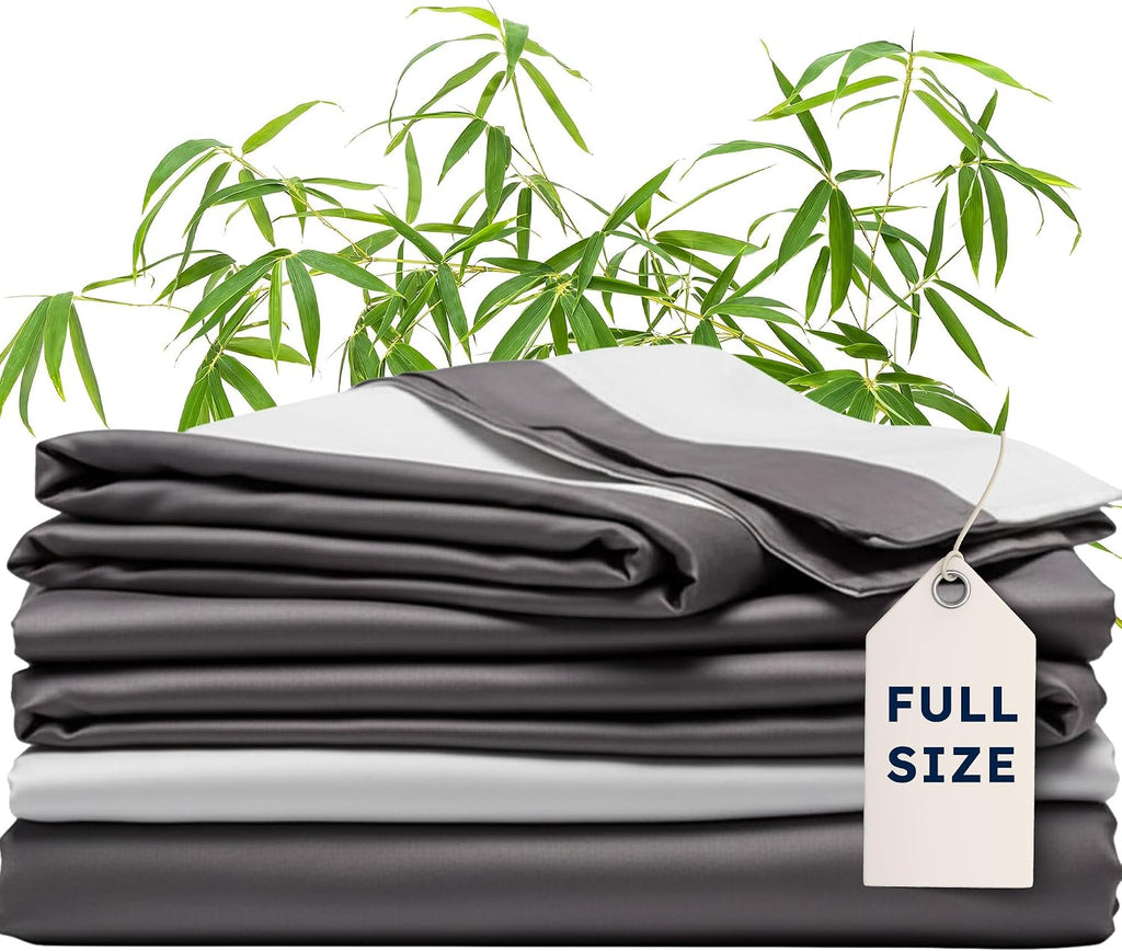 Wooflinen 100% Viscose Derived from Bamboo Sheets & Duvet Cover Set – Soft Feel Like Silk Bed Sheets – Two-Toned, Breathable, Cooling Bedding – Full, 6 Pc Set