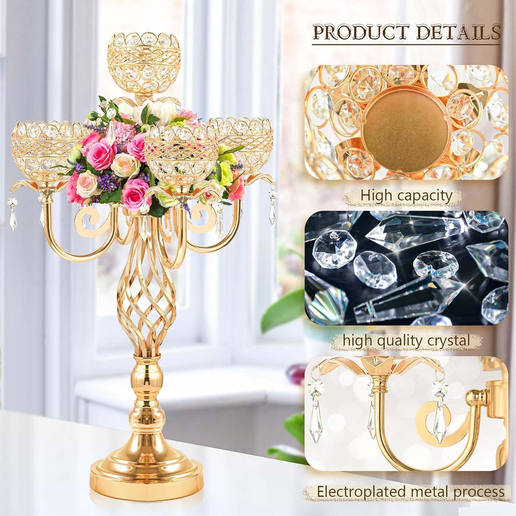 Elegant 5-Head Candelabra Centerpiece with Crystal Pendants - 23 Inch Tall Table Centerpiece for Weddings, Parties, Home Decor for Mother's Day, Holidays & Special Occasions (4, Gold)