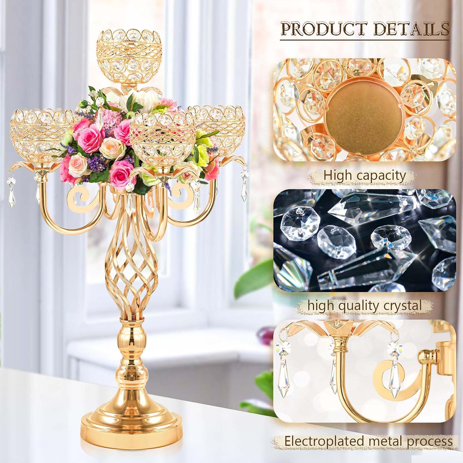 Elegant 5-Head Candelabra Centerpiece with Crystal Pendants - 23 Inch Tall Table Centerpiece for Weddings, Parties, Home Decor for Mother's Day, Holidays & Special Occasions (4, Gold)