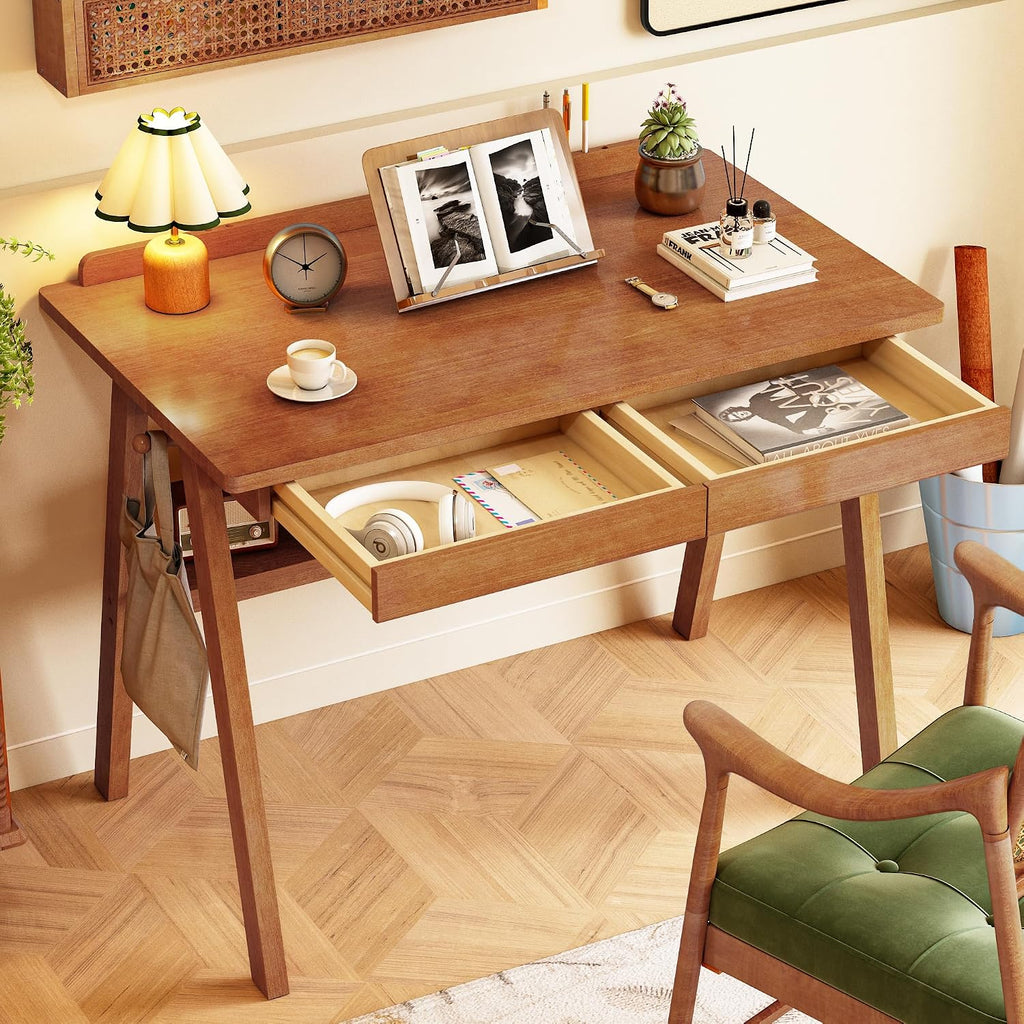 100% Solid Wood Desk with Drawers & Storage Shelf - 40 x 24 Inch Mid Century Modern Desks, Vintage Writing Desk with Deeper Desktop, Home Office Computer Desks for Bedroom & Home-Walnut Color