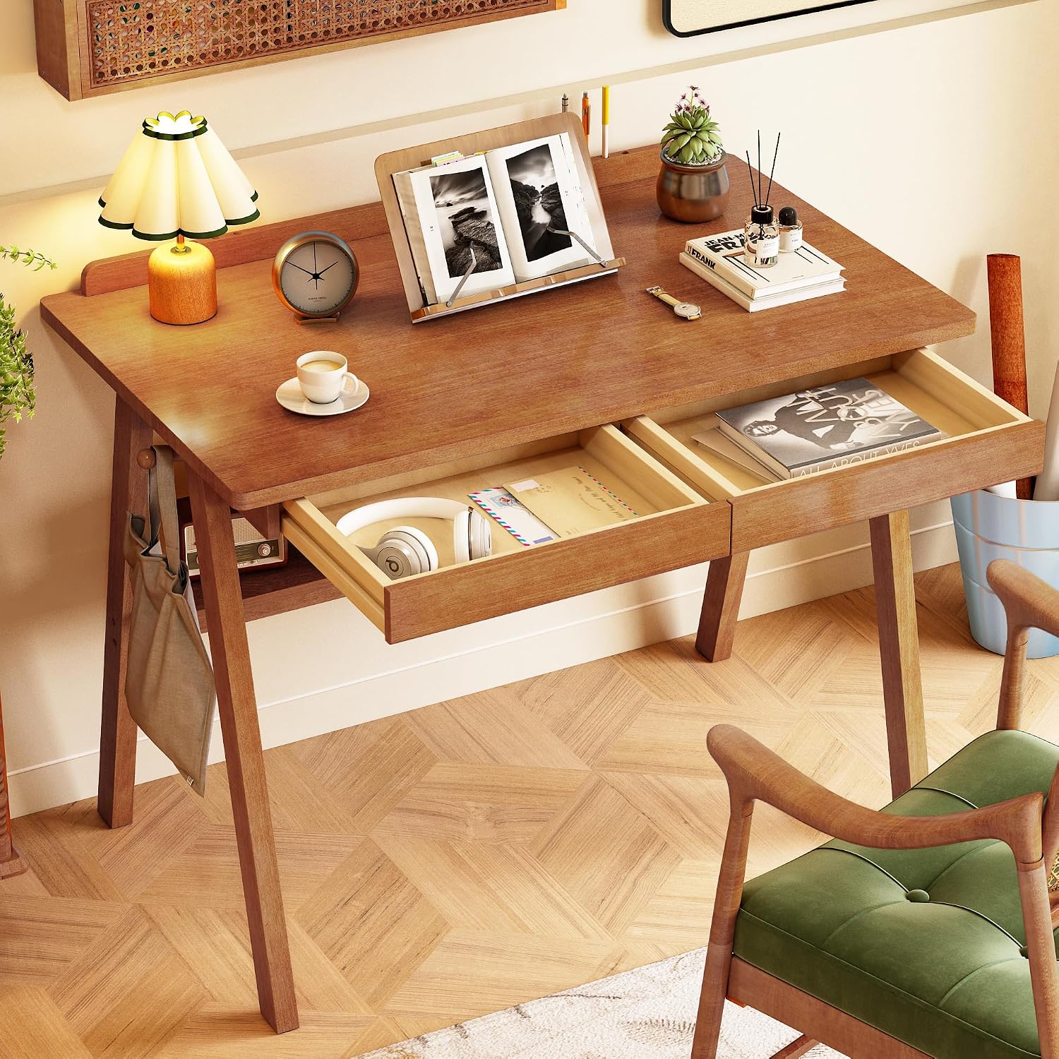 100% Solid Wood Desk with Drawers & Storage Shelf - 40 x 24 Inch Mid Century Modern Desks, Vintage Writing Desk with Deeper Desktop, Home Office Computer Desks for Bedroom & Home-Walnut Color