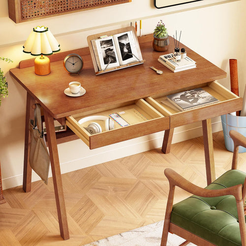 100% Solid Wood Desk with Drawers & Storage Shelf - 40 x 24 Inch Mid Century Modern Desks, Vintage Writing Desk with Deeper Desktop, Home Office Computer Desks for Bedroom & Home-Walnut Color