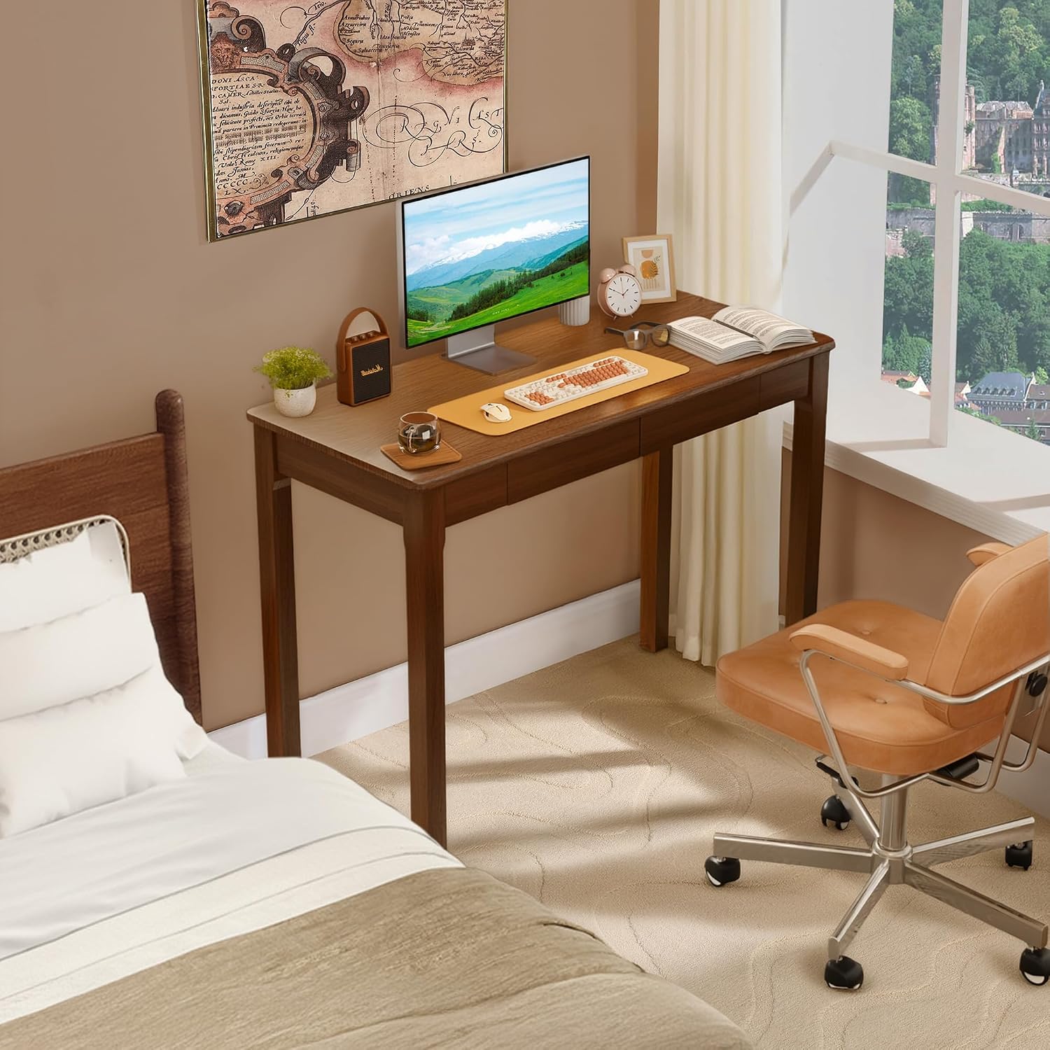 Solid Wood Desk with Drawers - 39' Narrow Desks for Small Spaces, Mid Century Modern Desks, Small Wooden Vintage Computer Writing Desk, Study Table for Home Office Bedroom, Walnut