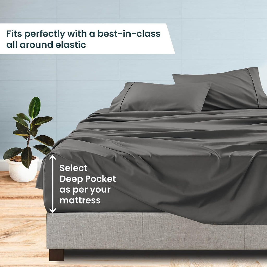 1000 Series- Extra Long Staple 100% Egyptian Cotton Sheet Set,Sateen Weave, Hotel Quality Soft Luxury Bedding, Queen Size 4 Piece Sheet Set Fit 15' Inch to 18' Deep Grey Solid.