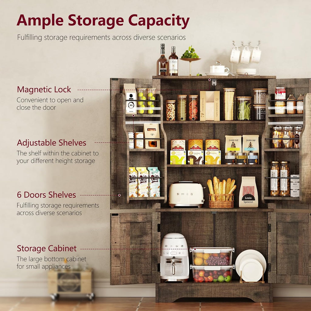 TEENFON Storage Cabinet with 4 Doors, 43.3' H Farmhouse Kitchen Cabinet with 6 Door Shelves, Kitchen Storage Cabinets with Adjustable Shelves, for Living Room, Antique Oak