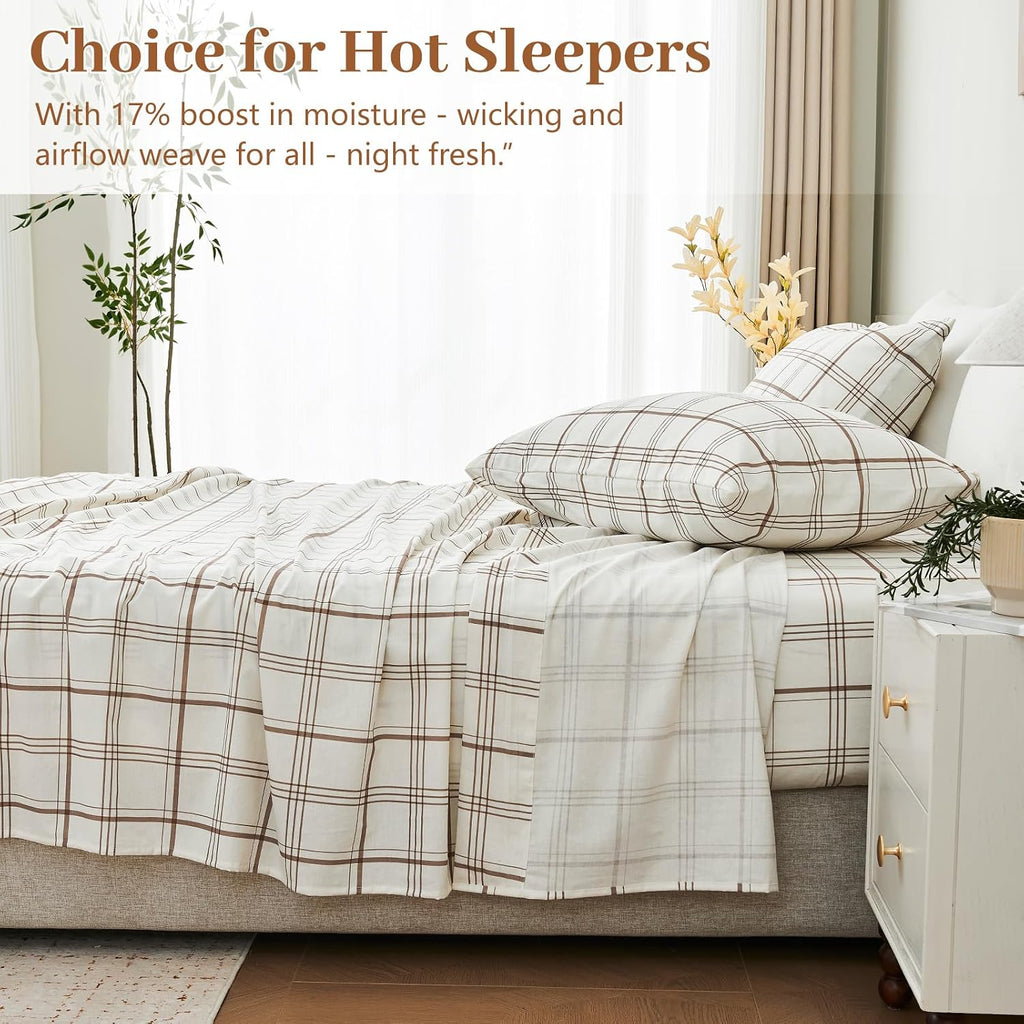 MEISHANG 100% French Pure Linen Sheets Queen Size - Bed Sheets 4 Piece Sets, Soft Durable Flax Linen, Anti-Tear Breathable Moisture Wicking with 16' Deep Pocket (Linen Plaid)