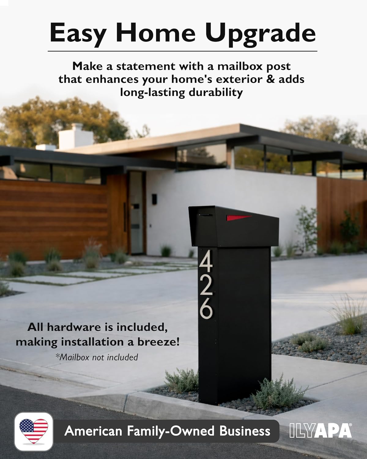 Ilyapa Modern Mailbox Post for Outside, 41x18x5 inch Black Metal Mail Box Posts for Decorative Residential Mailboxes, Includes Adjustable Universal Mounting Plate