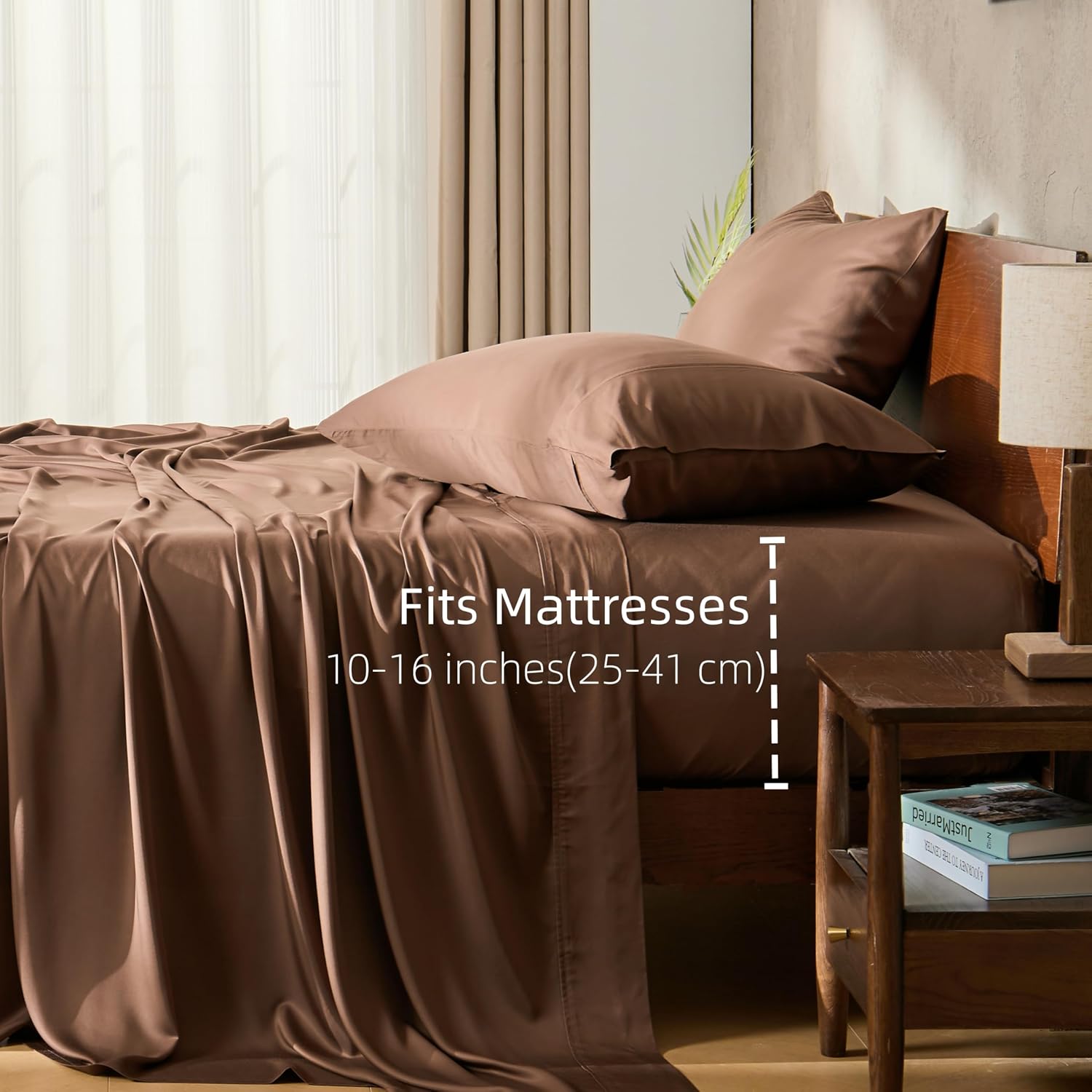 GOKOTTA Queen Sheet Set 4 Pcs,100% Rayon Derived from Bamboo Sheets,Cooling Sheets Queen for Hot Sleepers,16 Inch Deep Pocket Queen Size Bed Sheets with Elastic Corner Straps,Silky Soft - Cocoa Brown