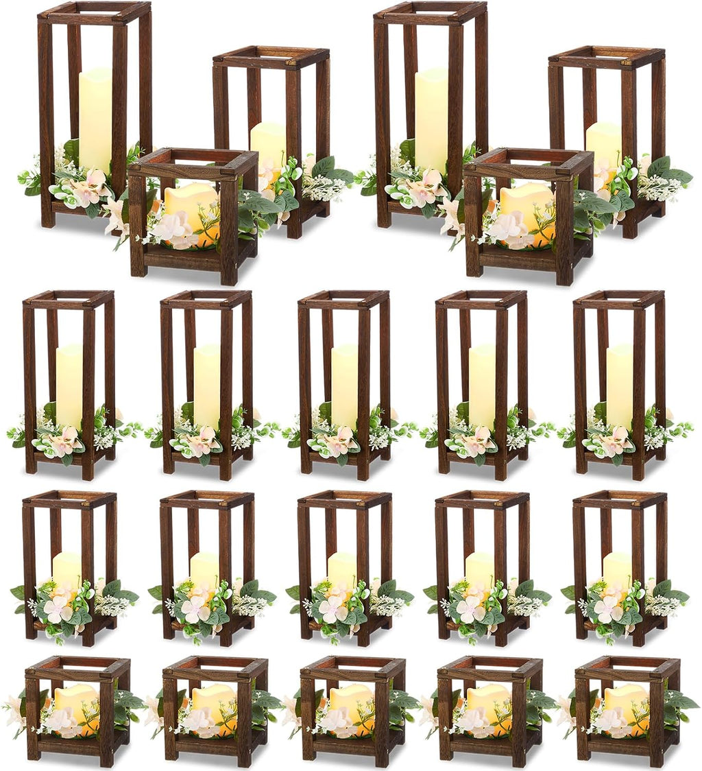 Hushee 15 Set 45 Pcs Wooden Wedding Lantern Centerpiece Wooden Candle Lantern Set Rustic Holder for Wedding Table Decoration Farmhouse for Birthday Party(Brown)