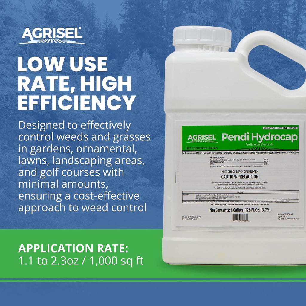 Agrisel Pendi Hydrocap Weed Killer, Pre-Emergent Formula, Effective on 40+ Broadleaf Weeds and Grasses, No-Stain, Mixes Easily, Pet Safe, Includes 3-Pack of Agrisel Protective Gloves, 128 Ounces