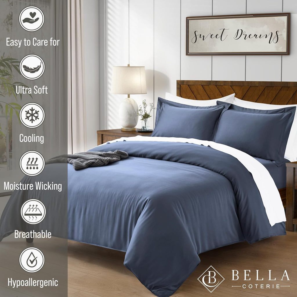 Bella Coterie Luxury Bamboo Viscose Queen Size Duvet Cover Set | 100% Organically Grown | Corner Ties | Ultra Soft | Cooling | Two Pillow Shams | 90 x 94 | No Insert [Slate Blue]