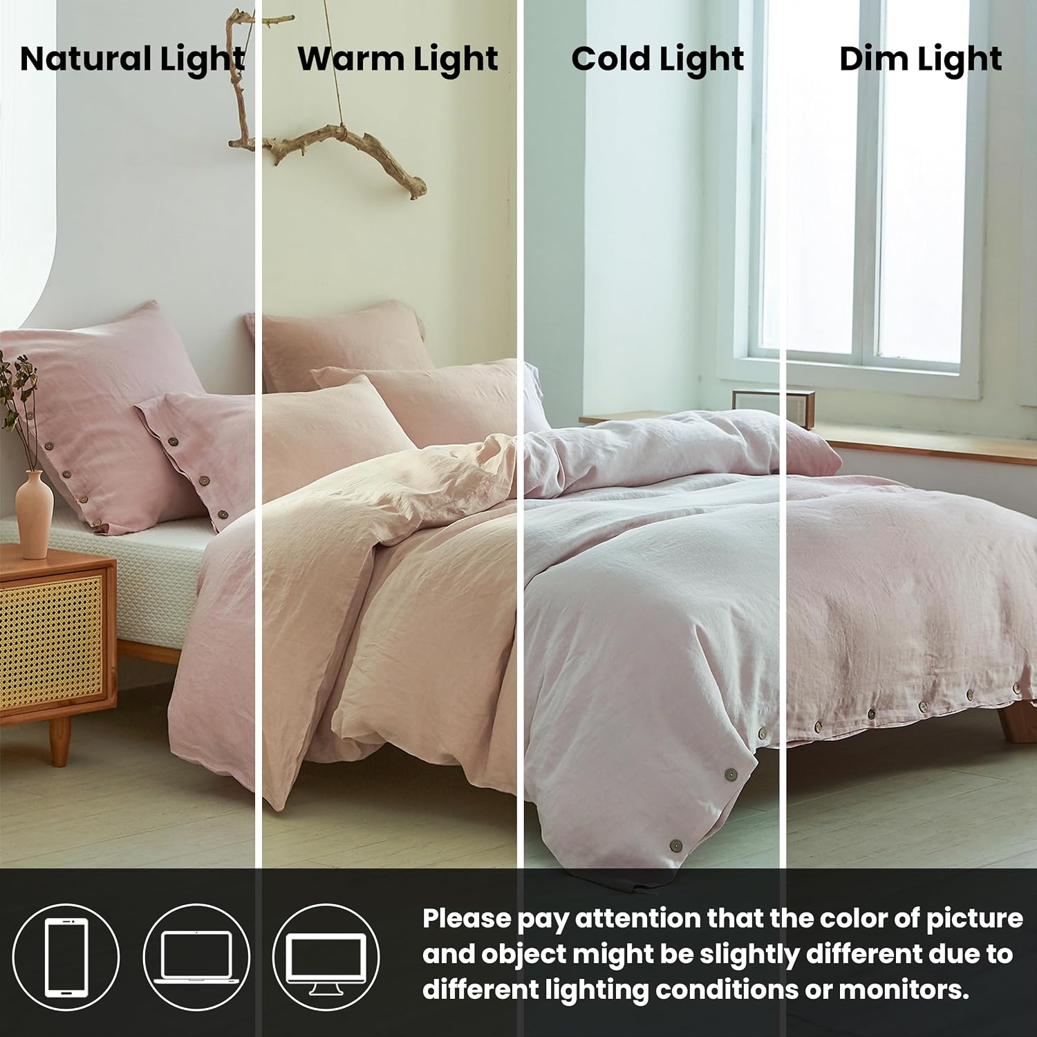Simple&Opulence 100% Linen Duvet Cover Set 3pcs with Coconut Button Closure Natural French Washed Flax Solid Color Soft Breathable Farmhouse Bedding - Blush Pink, Queen Size