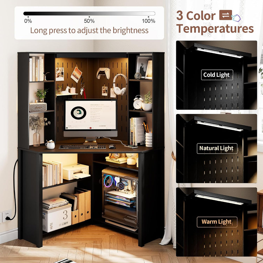 HNEBC Home Office Desk with Pull-Out LED,L-Shaped Corner Desk with Pull-Out LED Lights & Chariging Station,Computer Desk with Hutch & 10 Shelves,Pegboards for Work & Study,Black