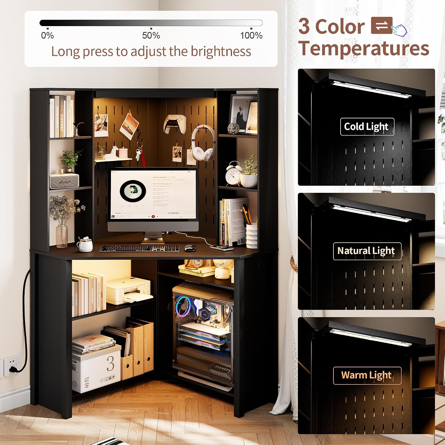 HNEBC Home Office Desk with Pull-Out LED,L-Shaped Corner Desk with Pull-Out LED Lights & Chariging Station,Computer Desk with Hutch & 10 Shelves,Pegboards for Work & Study,Black
