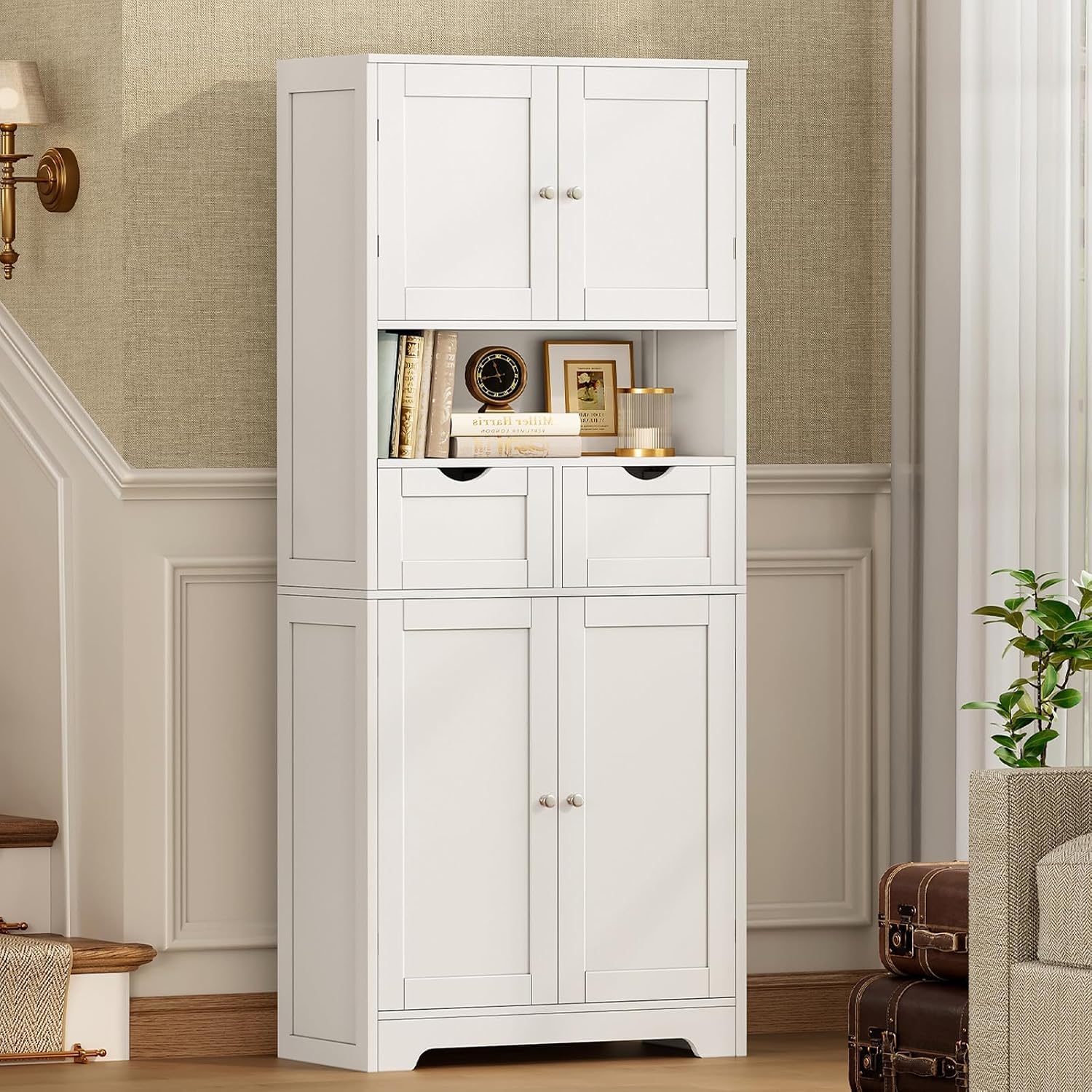 Iwell Tall Storage Cabinet with Adjustable Shelf & 2 Drawers, Kitchen Pantry Cabinet, Pantry Cabinets with 4 Doors, Tall Cabinets for Living Room, Kitchen, Bathroom, White
