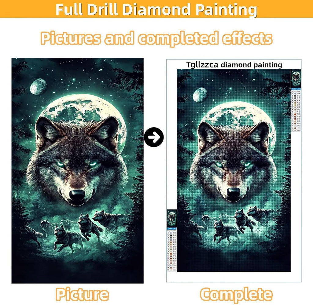 Diamond Art Kits for Adults Wolf Diamond Painting Kits, 5D Square Moon Full Drill Dimond Art Paintings Crystal Rhinestones Crafts for Adults for Gift Home Wall Decor, Large Size 36 x 72 Inch, Model888