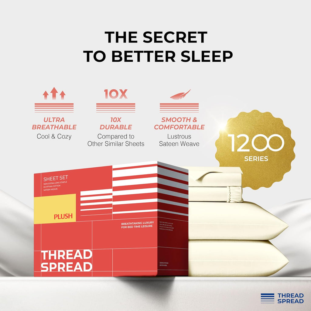 THREAD SPREAD 100% Egyptian Cotton Queen Sheets Set - 1200 Series Plush Collection Luxury Egyptian Cotton Sheets Queen Size Deep Pocket (4 PC, Ivory), Soft, Cooling, Sateen Weave Sheet Set