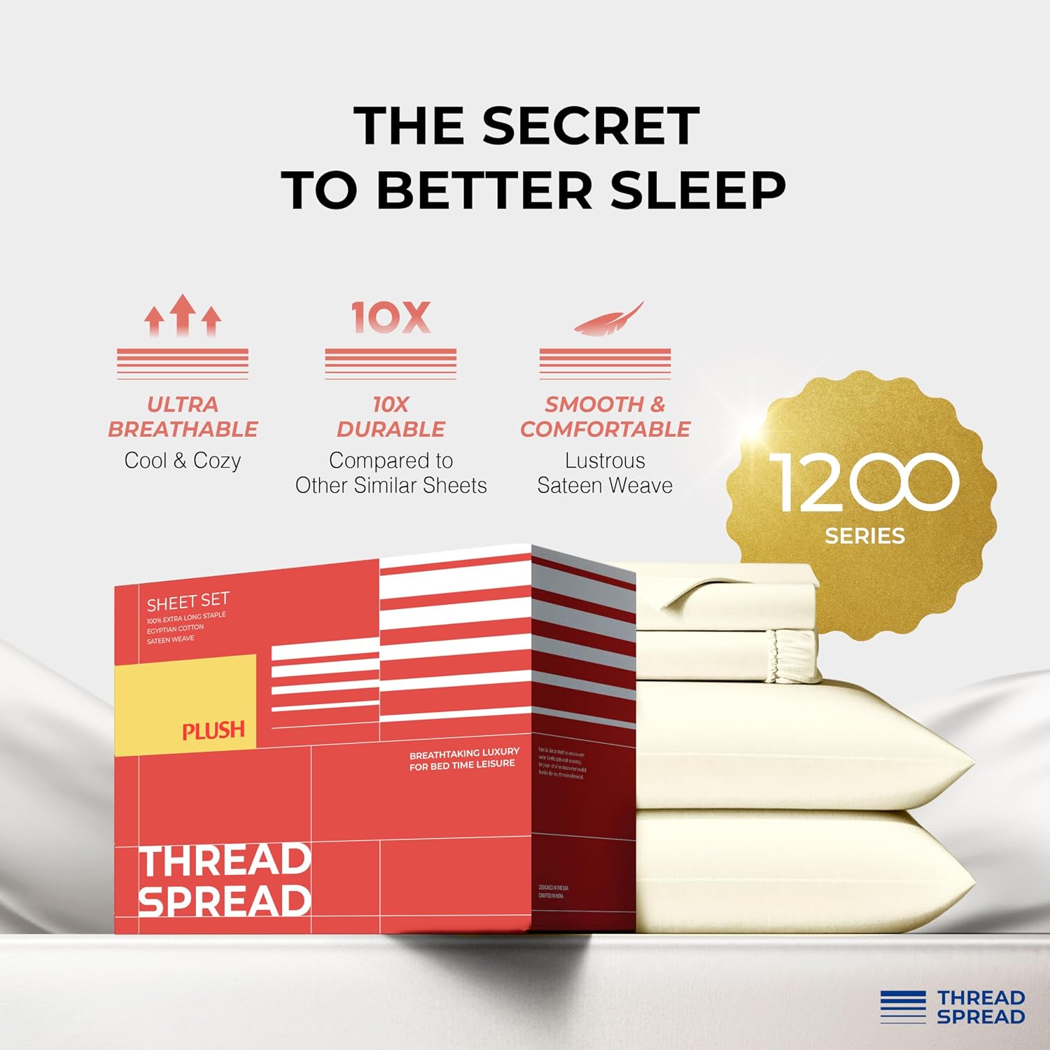 THREAD SPREAD 100% Egyptian Cotton Queen Sheets Set - 1200 Series Plush Collection Luxury Egyptian Cotton Sheets Queen Size Deep Pocket (4 PC, Ivory), Soft, Cooling, Sateen Weave Sheet Set