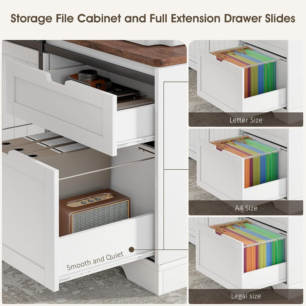 Whalefall L Shaped Standing Desk with Drawers, Height Adjustable Farmhouse Executive Computer Desk, Corner Desk with Cable Management and File Storage for Home Office, White
