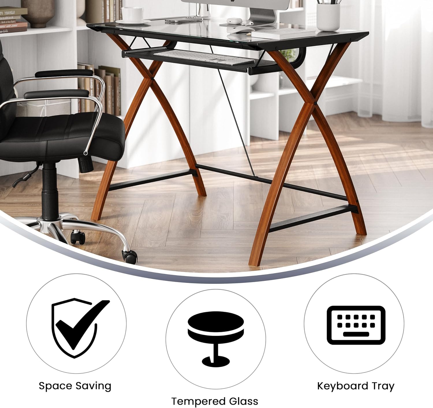 Flash Furniture Jude Tempered Glass Computer Desk with Pull-Out Keyboard Tray and Crisscross Frame, Small Computer Desk for Home Office, Cherry/Clear