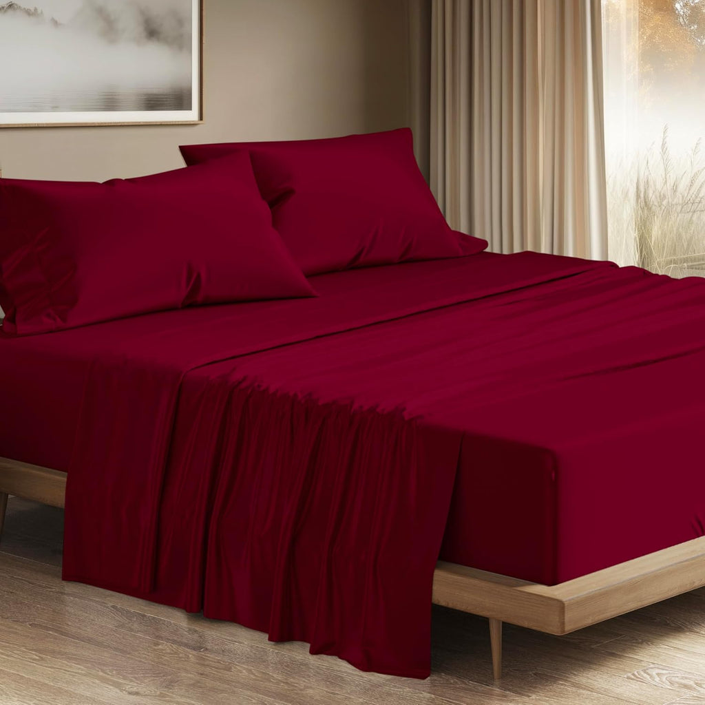 THREAD SPREAD 100% Egyptian Cotton Queen Sheets Set - 1200 Series Plush Collection Luxury Egyptian Cotton Sheets Queen Size Deep Pocket (4 PC, Burgundy), Soft, Cooling, Sateen Weave Sheet Set