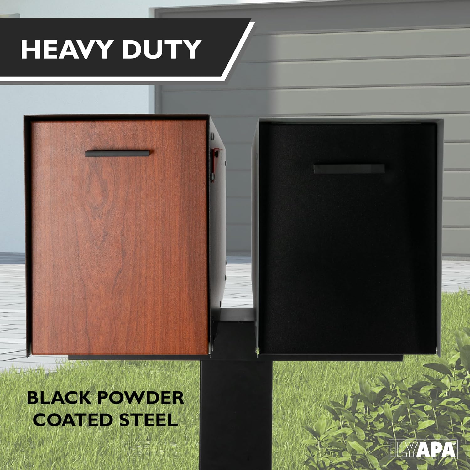 Ilyapa Double Mailbox Post for Outside - 43x4x4 inch Black Metal Dual Mailboxes Post for Outside with Universal Mounting Bracket Plate