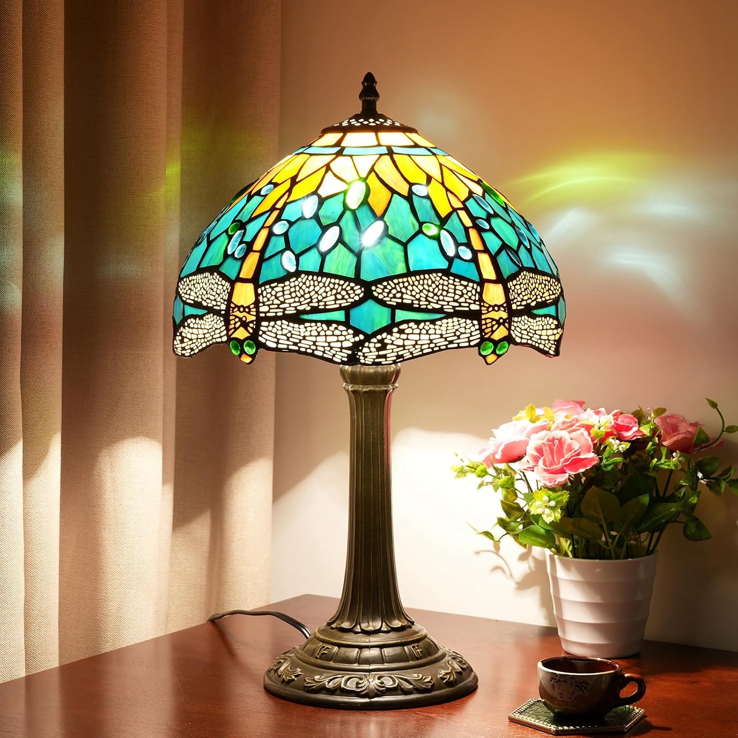 Tiffany Lamp Green Dragonfly Style Stained Glass Lamps Teal Bedroom Bedside Table Lamp for Dorm Office Art Craft Antique Decor Accent Aesthetic Nightstand Retro Metal Reading Lamps 12 inch
