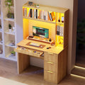 WOOVIVS Home Office Desk with Hutch & LED Lights - 39' Computer Desk with Charging Station, 3 Large Drawers, Hidden Compartment & Fluted Panel Design,Natural Writing Desk for Bedroom, Study