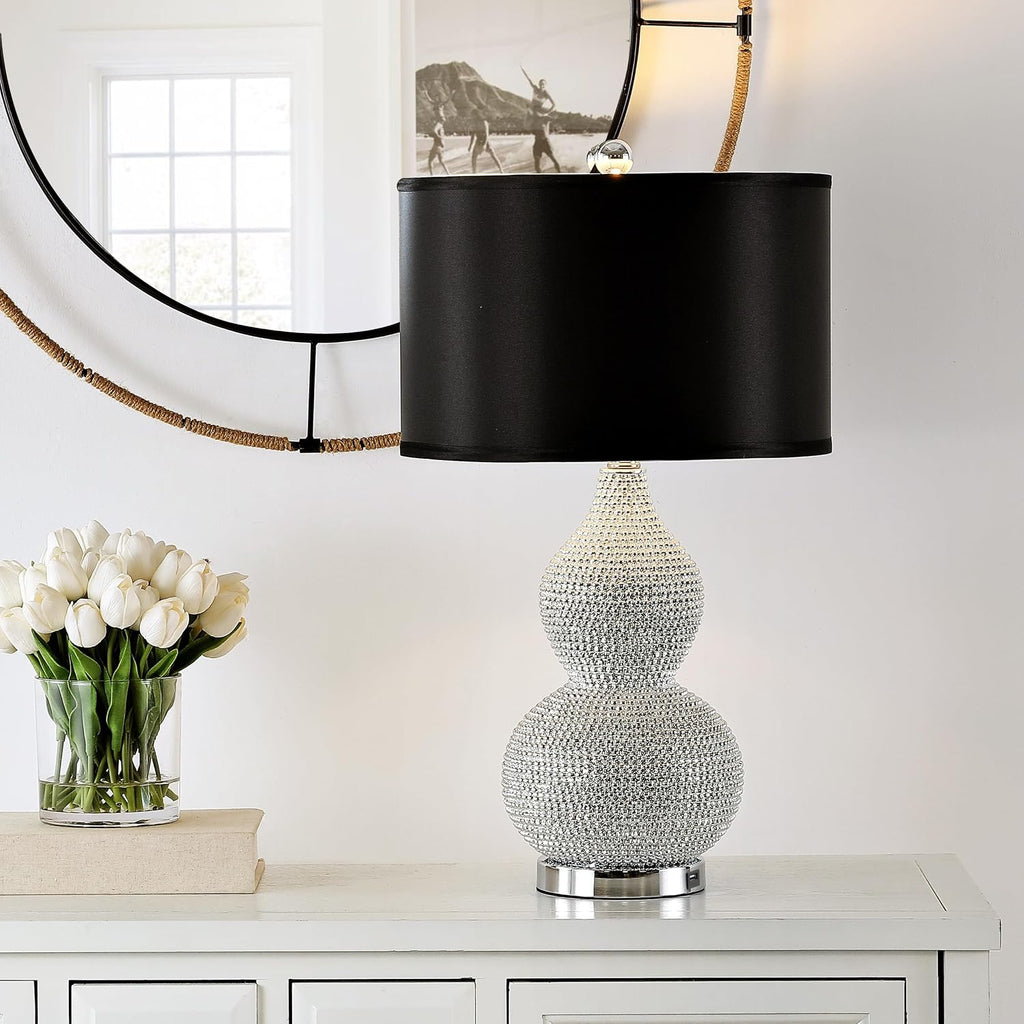 SAFAVIEH Lighting Collection Nicole Silver/Black Shade Beaded 25-inch Table Lamp Set of 2 with USB Charging Port (LED Bulbs Included)