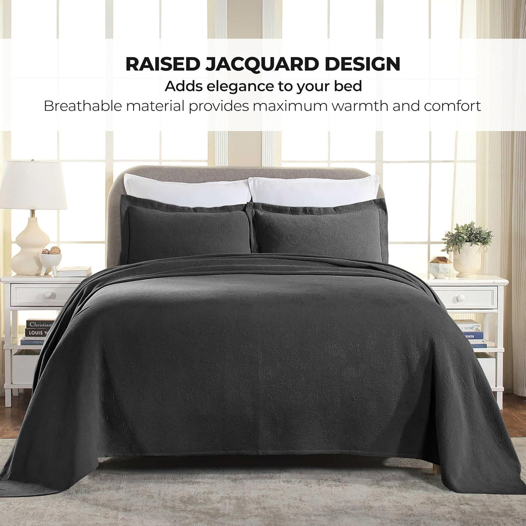Superior Paisley Cotton 3 Piece Bedspread Set, Home Bed Decor, Decorative Textured Bed Spread, 2 Pillow Shams, Airy Blanket, Matelasse Coverlet Bedding, Vintage Floral Design, Queen, Black