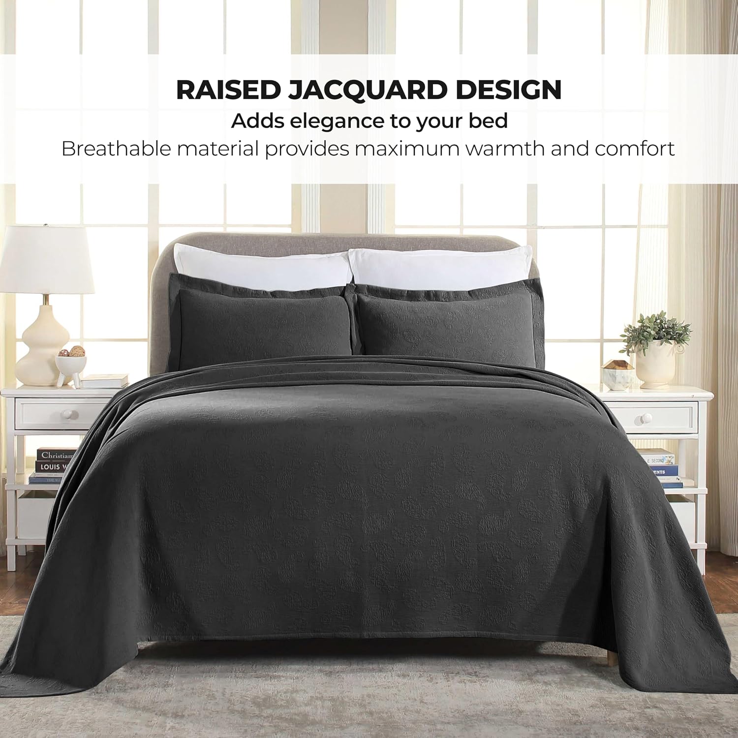 Superior Paisley Cotton 3 Piece Bedspread Set, Home Bed Decor, Decorative Textured Bed Spread, 2 Pillow Shams, Airy Blanket, Matelasse Coverlet Bedding, Vintage Floral Design, Queen, Black