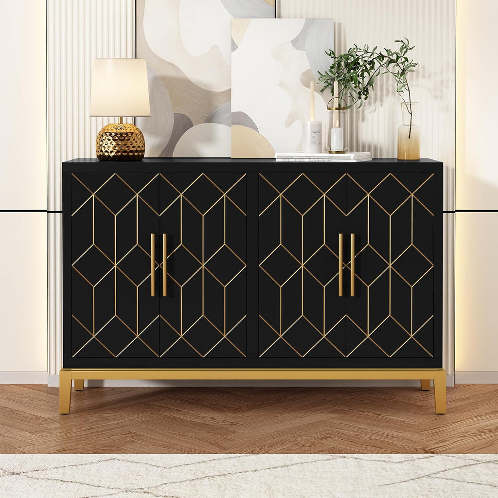 HLR Accent Cabinet with 4 Doors&Shelves, Sideboard Buffet Cabinet with Gold Trim, Modern Black Storage for Living Room, Entryway, Kitchen, Dining Room, Hallway