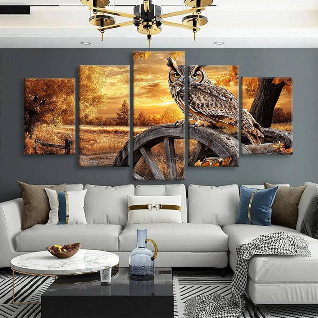 Owl Diamond Art 5 Piece Diamond Painting Landscape 5D DIY Full Round Drill Dimond Art Paintings Rhinestones Crafts for Adults Gem Painting for Home Decor, Large Artwork for Wall 44 x 90 Inch, Model135