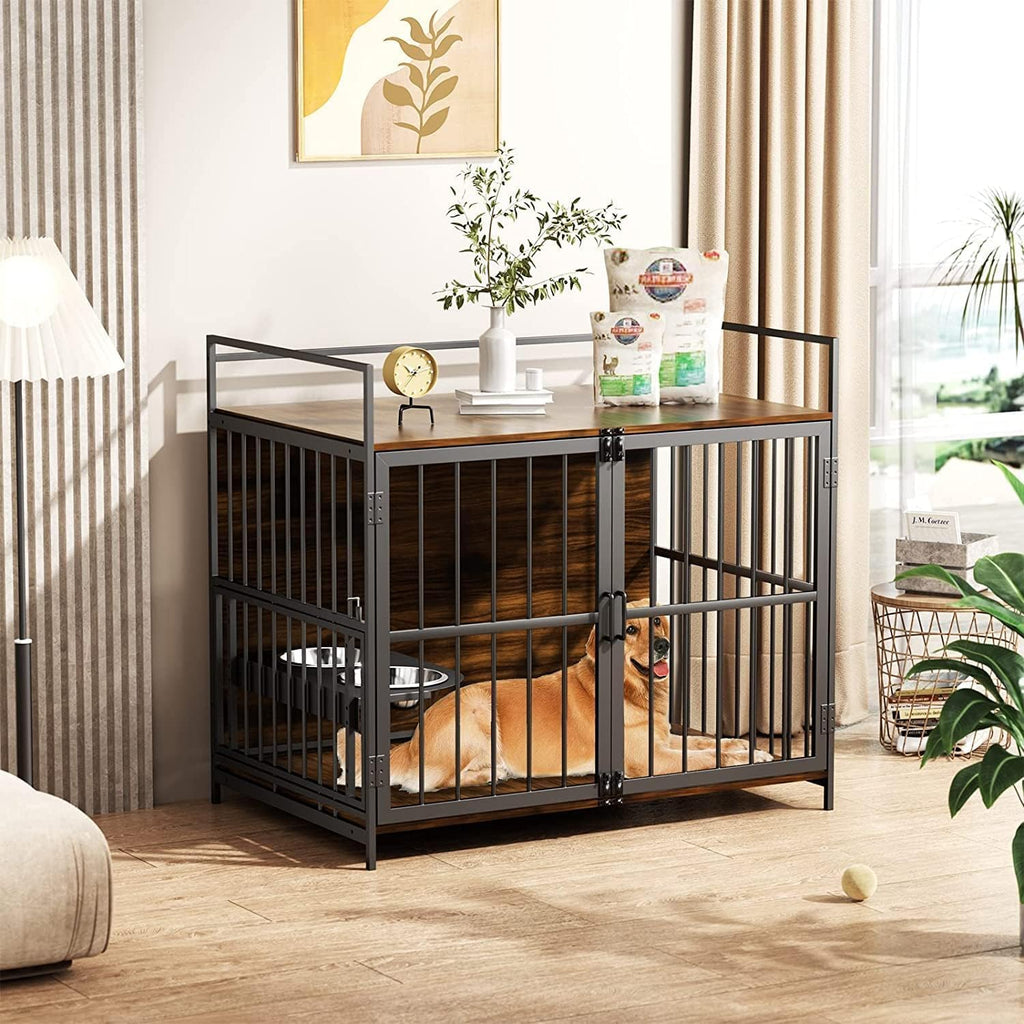 ROOMTEC Furniture Style Large Dog Crate with 360° & Adjustable Raised Feeder for Dogs 2 Stainless Steel Bowls -End Table House Pad, Indoor Use,41' L X 24' W 36' H, Classic Brown