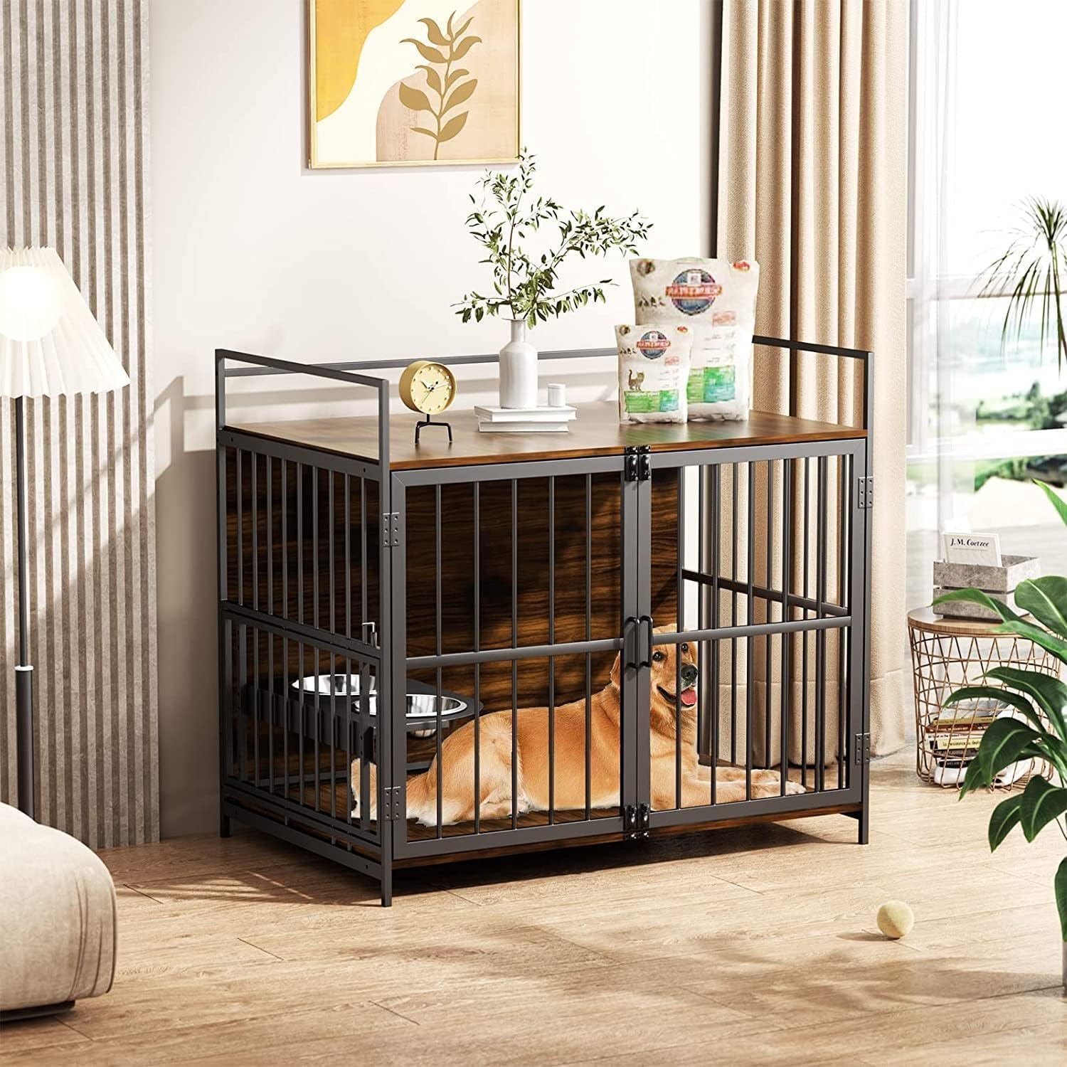 ROOMTEC Furniture Style Large Dog Crate with 360° & Adjustable Raised Feeder for Dogs 2 Stainless Steel Bowls -End Table House Pad, Indoor Use,41' L X 24' W 36' H, Classic Brown