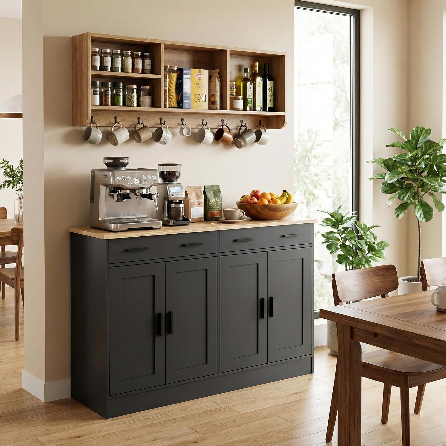 Anystyle 53' Black Buffet Cabinet with Storage, Kitchen Sideboard Buffet Server with 2 Drawers & 4 Doors, Modern Coffee Bar Cabinet Credenza for Dining Room, Living Room, Hallway