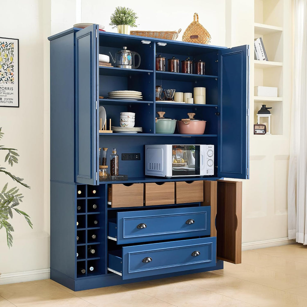 Farmhouse 71''H Large Kitchen Pantry, 53.2''Lx17.7''W Wood Dining Storage Cabinet Cupboard with 4 Foldable Doors, Power Outlet, Shelves, Wine Racks and Serving Trays (Blue-Fold D)