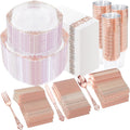 YOUBET 700PCS Rose Gold Plastic Plates - Clear Rose Gold Plastic Dinnerware Set Include 200 Disposable Plate, 300 Heavy Duty Silverware, 100 Cups, 100 Napkins for Wedding & Party & Baby Shower