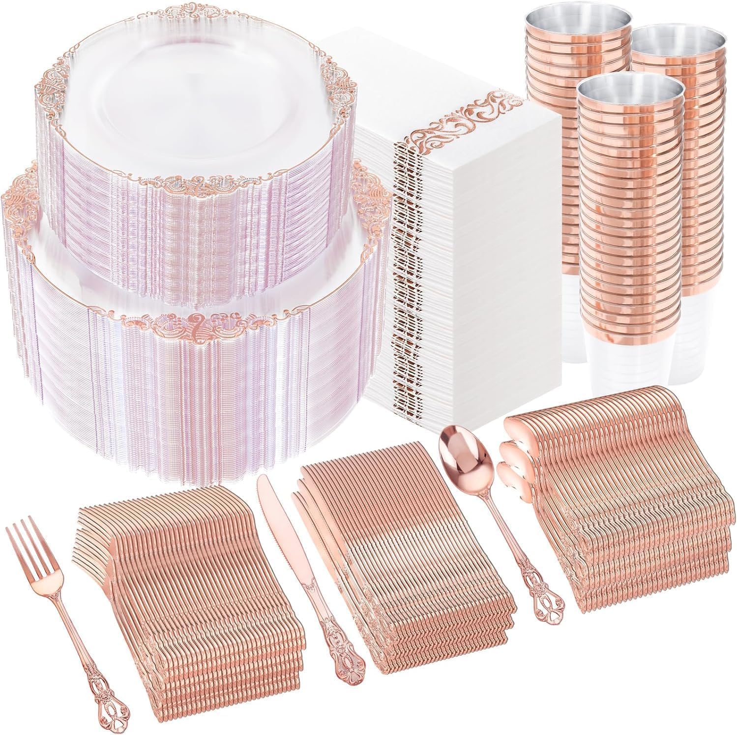 YOUBET 700PCS Rose Gold Plastic Plates - Clear Rose Gold Plastic Dinnerware Set Include 200 Disposable Plate, 300 Heavy Duty Silverware, 100 Cups, 100 Napkins for Wedding & Party & Baby Shower