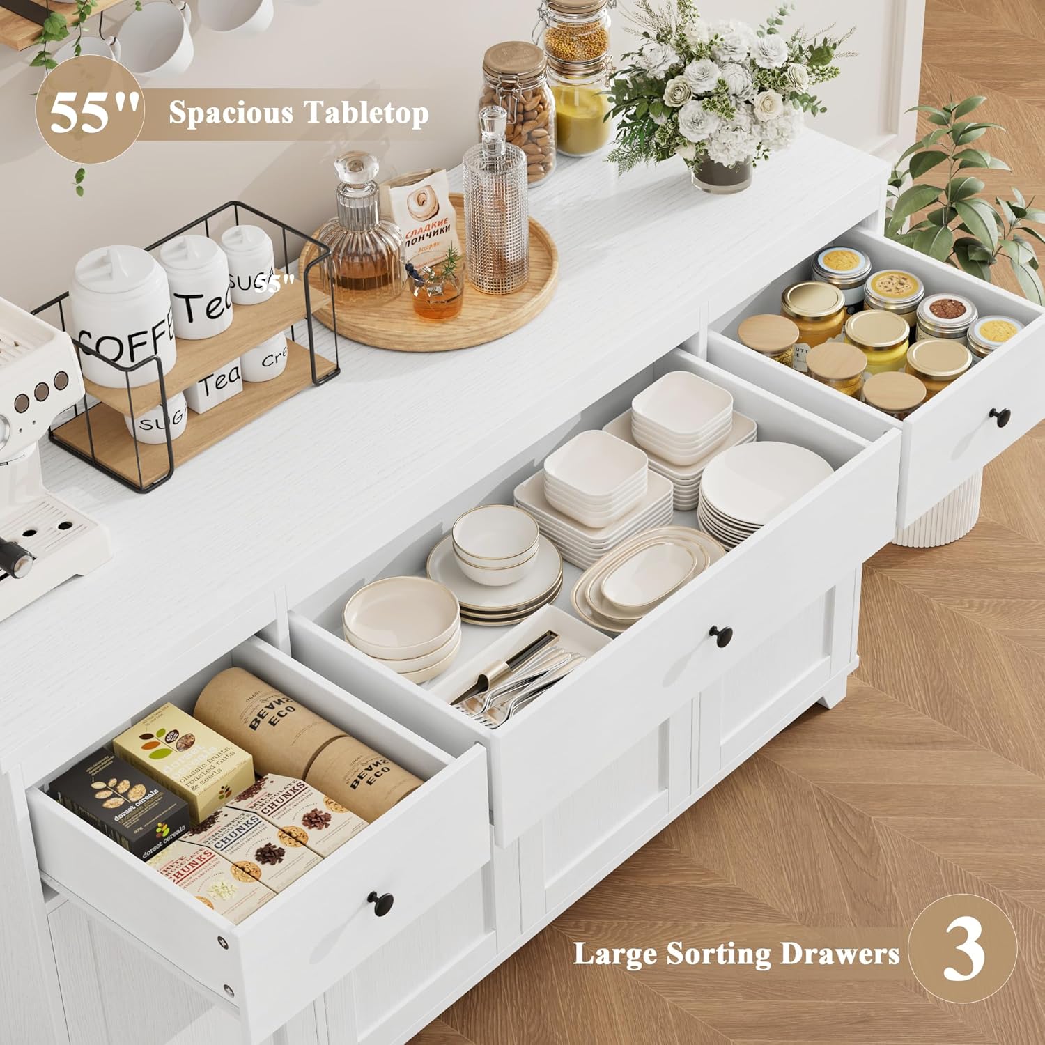 HIFIT 55' Large Kitchen Buffet Cabinet with Storage Drawers, Modern Sideboard Buffet Table Storage Cabinet with Doors and Shelves, Wood Coffee Bar Cabinet for Kitchen Dining Living Room, White