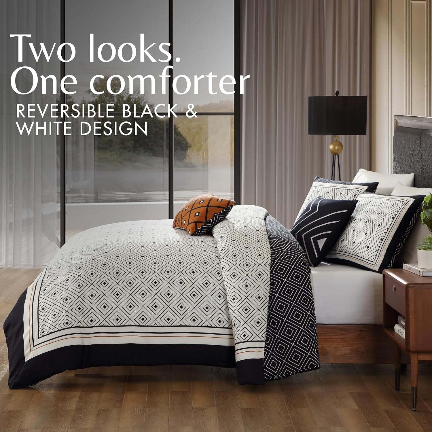 Bebejan Luxury Queen Comforter Set Black & White Geometric - 5 Piece Reversible Bedding Set, 100% Cotton Sateen, Soft Breathable All Season Bed Comforter (1 Comforter, 2 Shams & 2 Pillows)