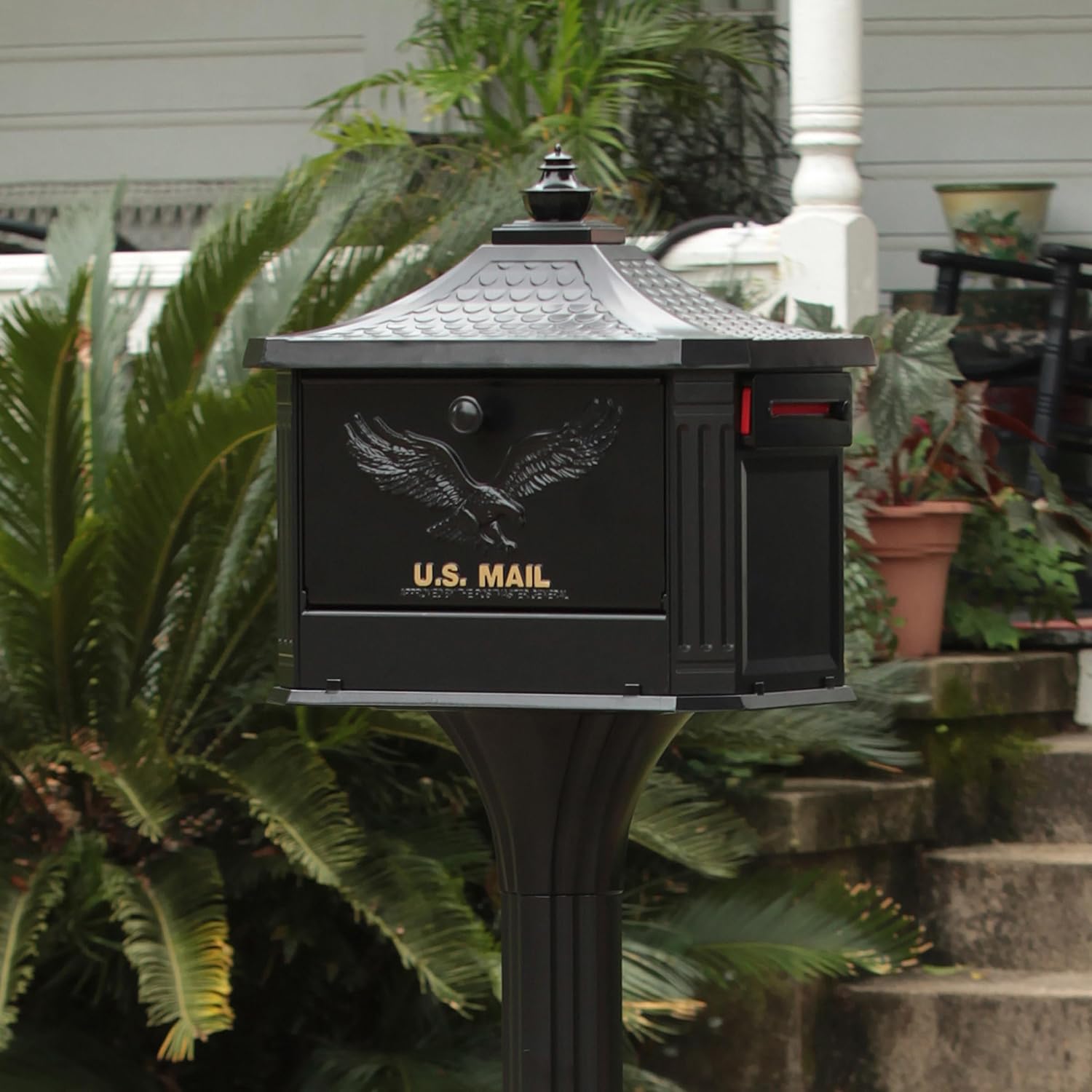 Architectural Mailboxes Hamilton™ Secure, Locking USPS Approved Heavy Duty, Cast Aluminum Metal Post Mounted Mail Box for Outside, Black Large Curbside Mailbox with Magnetic, Lockable Double Doors