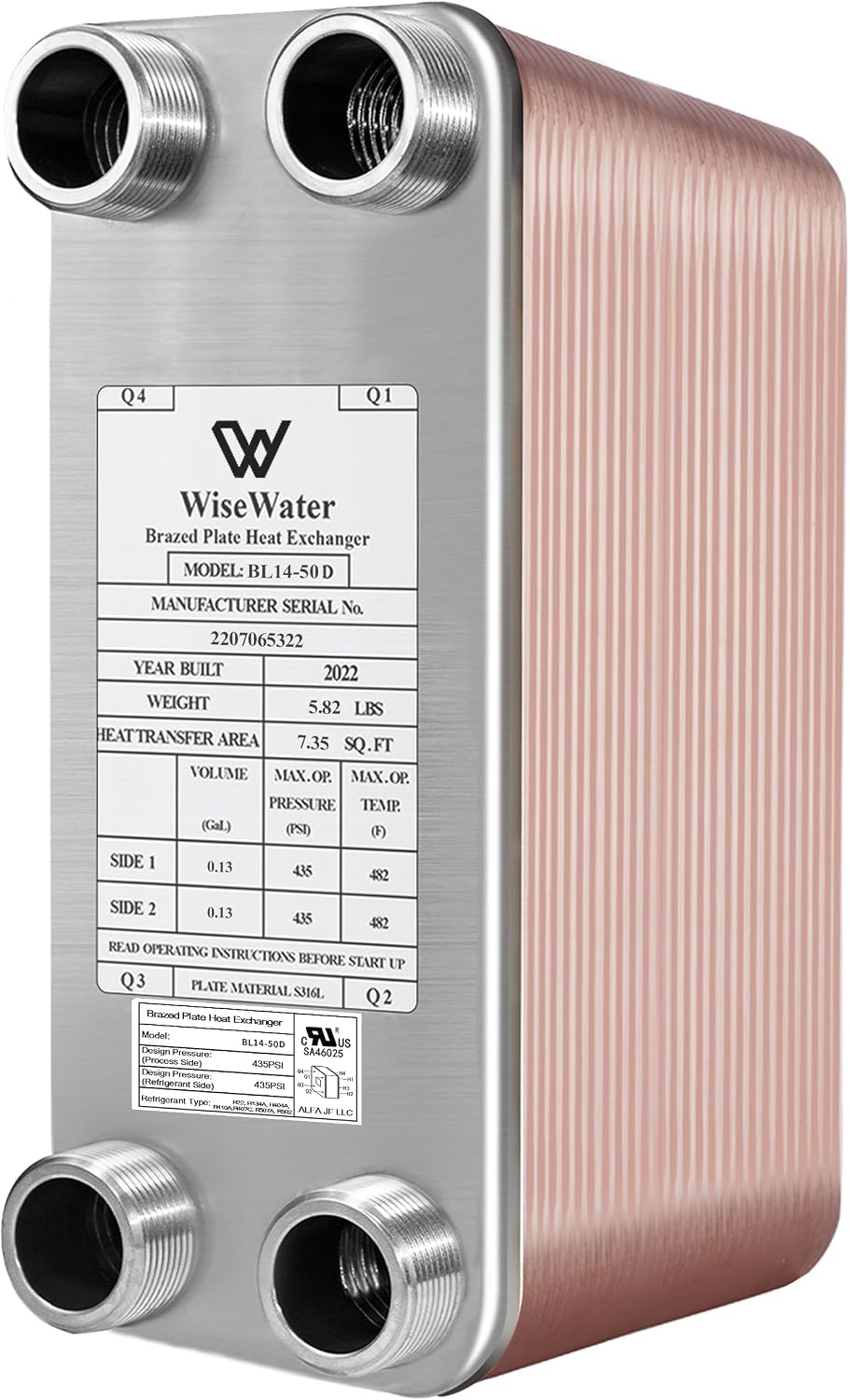 AB Plate Heat Exchanger, 3'x 8' 50 Plates Water To Water Heat Exchanger, Copper/SS316L Stainless Steel Brazed Plate Heat Exchanger For Floor Heating, Water Heating, Snow Melting