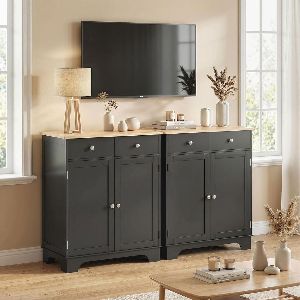 HOMCOM Sideboard Buffet Cabinet with Solid Wood Countertop, Modern Kitchen Storage Cabinet, Coffee Bar Cabinet with 2 Drawers, Doors and Adjustable Shelf, Black